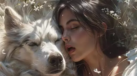 AI Video from prompt: A girl and a dog are relaxing in a field among f