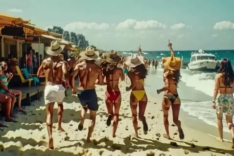 AI Video from prompt: 3 Women and the 2 Males running down the beach w