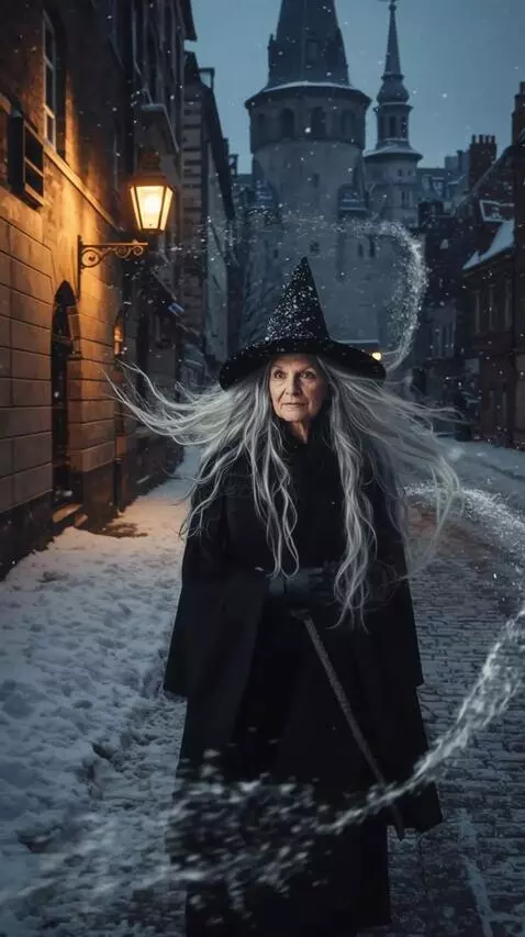 AI Video from prompt: A snowstorm swirls around the witch's figure, he