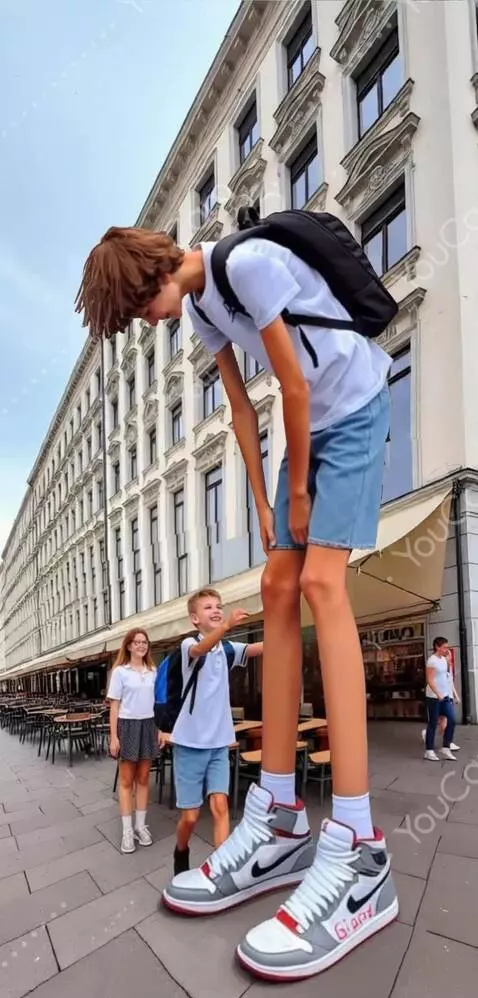 AI Video from prompt: The tall boy shows his sneakers to the little bo