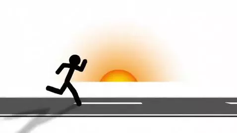 AI Video from prompt: stickman starting to run on a simple road, sunri