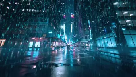 AI Video from prompt: Cinematic drone shot moving slowly through a cyb