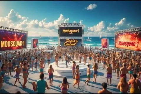 AI Video from prompt: Everyone Dancing on the beach and platforms. Bil