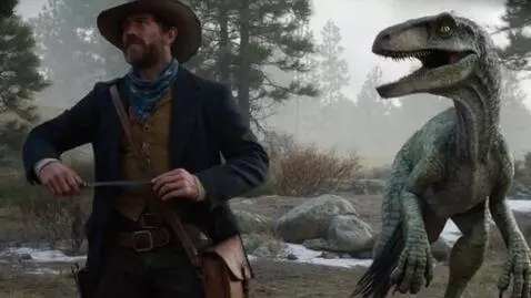 AI Video from prompt: Arthur morgan sees a Raptor and he is pull knife