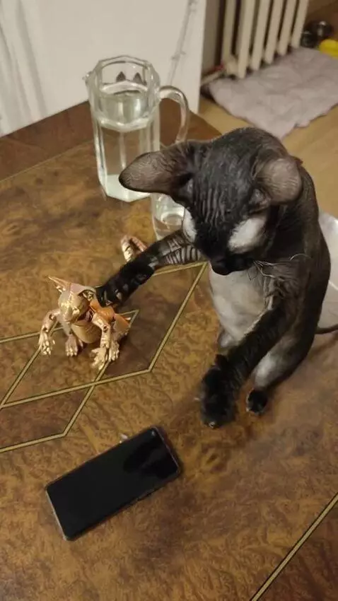 AI Video from prompt: Cinematic video: Plastic cat and black cat danci