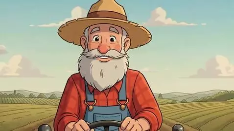 AI Video from prompt: Farmer driving his tractor on his cartoon farmla