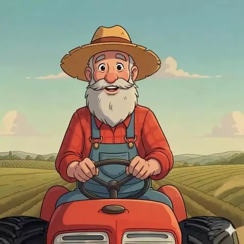 AI Video from prompt: Farmer driving his tractor on his cartoon farmla