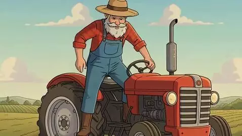 AI Video from prompt: Farmer gets off his tractor and walks towards us