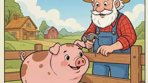 AI Video from prompt: Pig is very happy, dancing around whilst farmer 