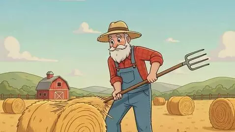 AI Video from prompt: Farmer is stacking hay in a field on a hot summe