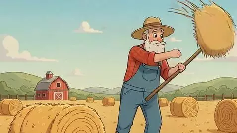 AI Video from prompt: Farmer is working stacking hay on a warm day, ge