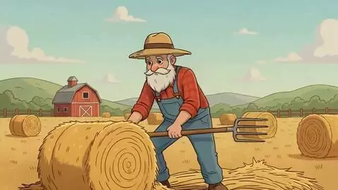 AI Video from prompt: Farmer is working stacking hay on a warm day, ge