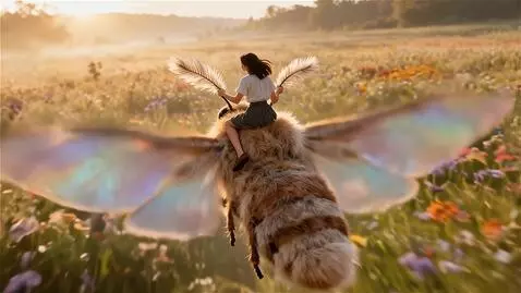 AI Video from prompt: A moth with a girl on its back flies slowly over
