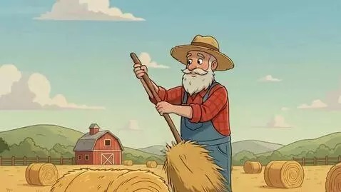 AI Video from prompt: Farmer picks up small pile of hay to the right o