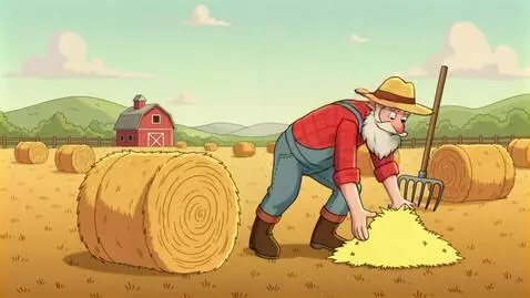 AI Video from prompt: Farmer picks up small pile of hay to the right o