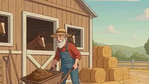 AI Video from prompt: Farmer pushes wheelbarrow out of shot, camera zo