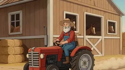 AI Video from prompt: Farmer drives left and stops tractor and parks u