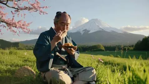 AI Video from prompt: An ancient samurai in a lush green field during 