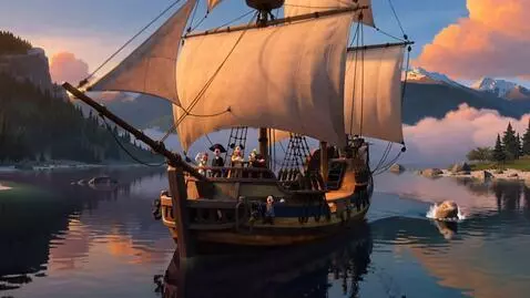 AI Video from prompt: A ship, a picturesque shore, a quiet bay, a moun