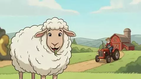 AI Video from prompt: Sheep is smiling, chewing on some grass, in the 