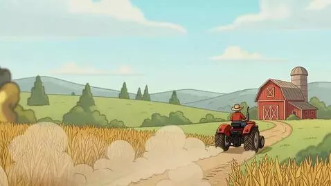 AI Video from prompt: Farmer on tractor drives away from us and the du