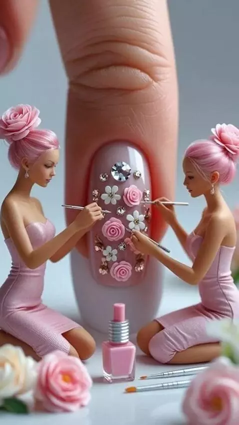 AI Video from prompt: Two tiny artists carefully decorate a glossy lig