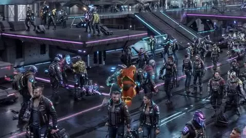 AI Video from prompt: Large hall of the spaceport.   A character in bl