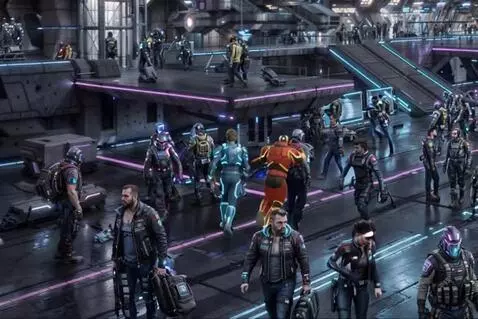 AI Video from prompt: Large hall of the spaceport.   A character in bl