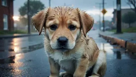 AI Video from prompt: A small wet puppy sits alone under heavy rain on