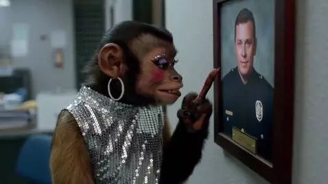 AI Video from prompt: Anthropomorphic monkey in makeup and sparkly dre