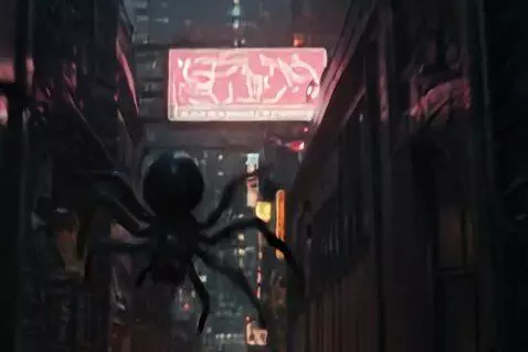 AI Video from prompt: Cinematic anime cyberpunk scene of a black spide