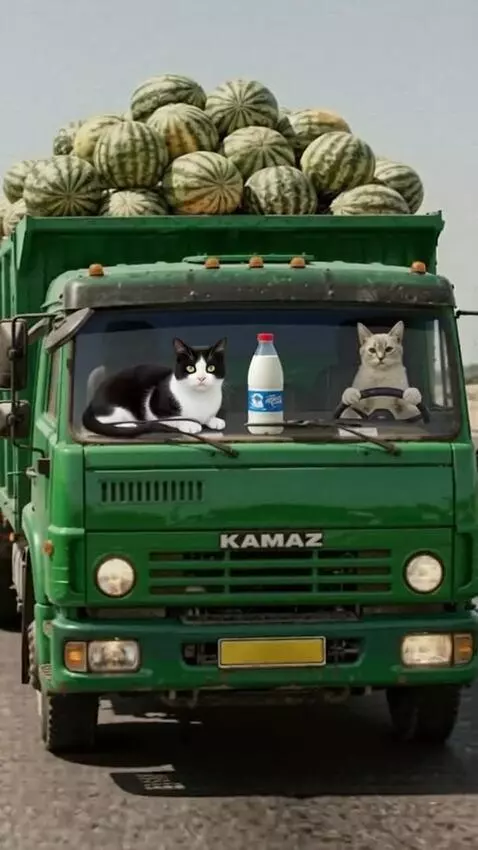 AI Video from prompt: truck moving fast . cat on driving seat is rotat