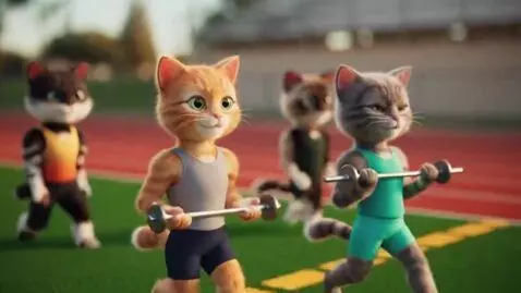 AI Video from prompt: Kittens athletes lift weights, run together, and