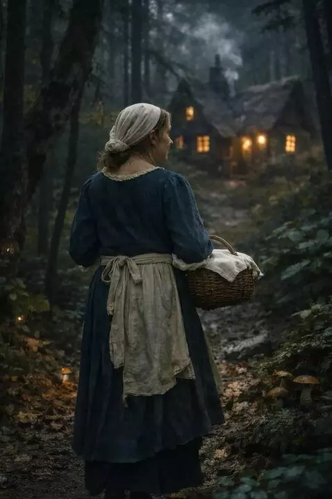 AI Video from prompt: A woman walks slowly along the path to her house