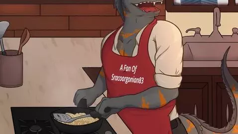 AI Video from prompt: Lizard dude is cooking dinner then a crashing so