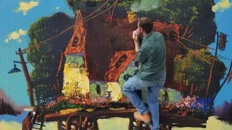 AI Video from prompt: A man climbs up a ladder, a dog barks, the wind 