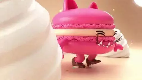 AI Video from prompt: A vivid pink pastry, adorned with cat-like teeth
