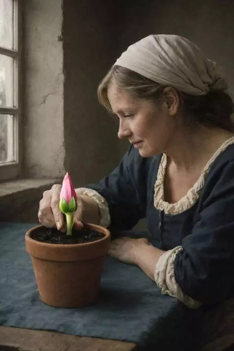 AI Video from prompt: A woman plants a seed in a flowerpot, and it ins