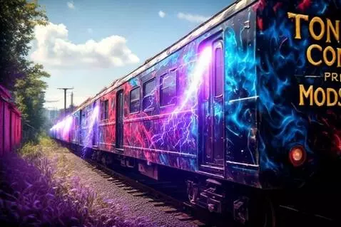 AI Video from prompt: Train Carts traveling down the track. lightning 