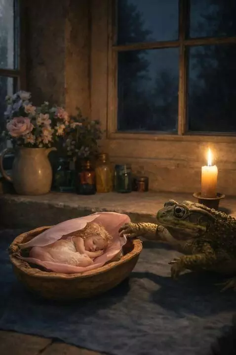 AI Video from prompt: The frog jumped up to the girl and started touch