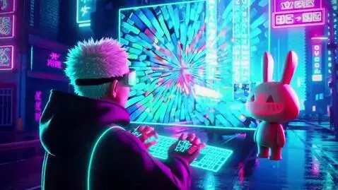 AI Video from prompt: "Hyperkinetic glitchcore cyberpunk hacker in neo