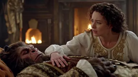 AI Video from prompt: A woman with curly hair, leaning over the Beast 