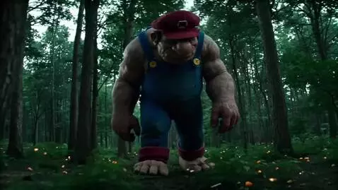 AI Video from prompt: 15.3ft Giant Mario is very aggressive, forest, d