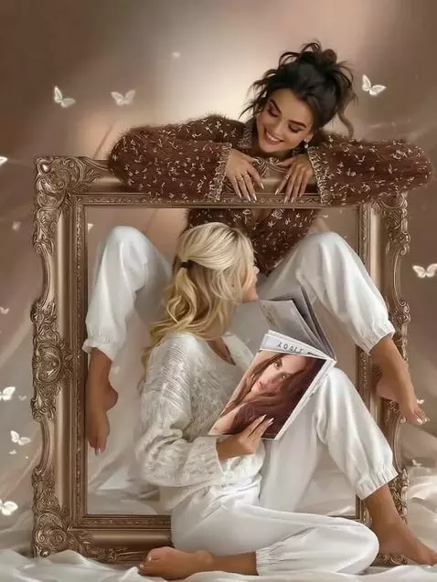 AI Video from prompt: Girls look at a magazine and smile