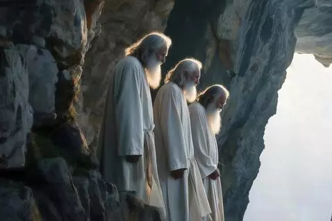 AI Video from prompt: Three elders stand at the edge of the cliff, the