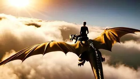 AI Video from prompt: A person flies atop a dragon, in a sky surrounde
