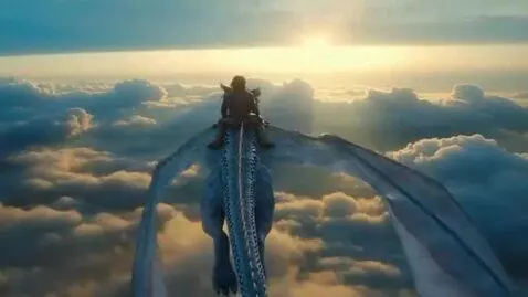 AI Video from prompt: A person flies atop a dragon, in a sky surrounde
