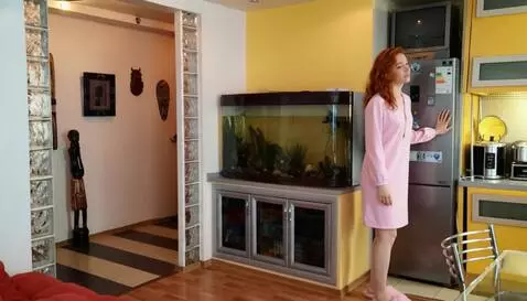 AI Video from prompt: The girl touches the refrigerator and turns arou