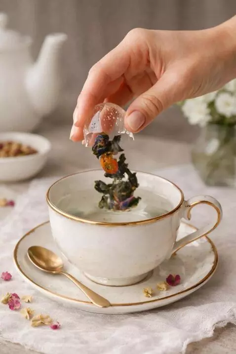 AI Video from prompt: The tea bomb is gently dropped into the cup, the