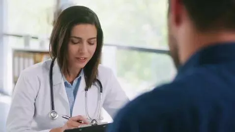 AI Video from prompt: Professional doctor in a modern, clean office, f